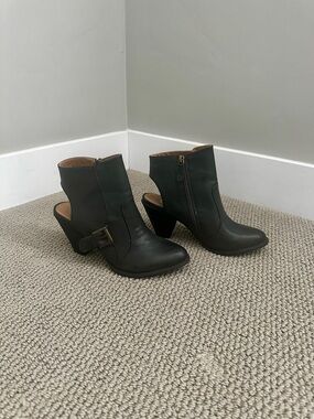 Mojo Moxy Charcoal Gray Leather Wedge Ankle Booties with Buckle